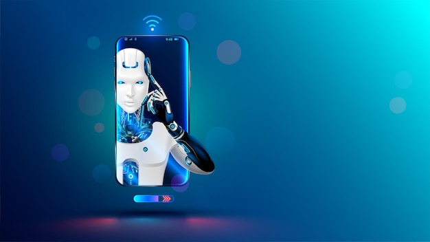 Artificial intelligence in phone Mobile online chat bot in smartphone Cyborg or robot with AI look out of screen phone Chatbot internet helper virtual support of web services Technology concept