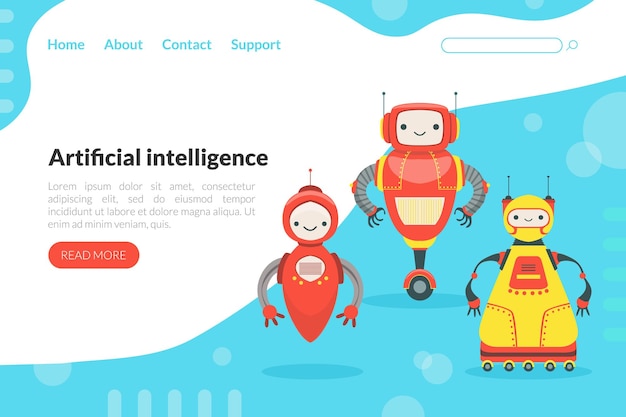 Artificial Intelligence Landing Page Template with Cute Friendly Android Robots Robotic Technology Automation Concept Web Banner Website Homepage Vector Illustration