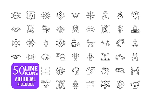 Artificial Intelligence Of Web Technology And Mobile Apps Icons Set Editable Thin Stroke Line Style