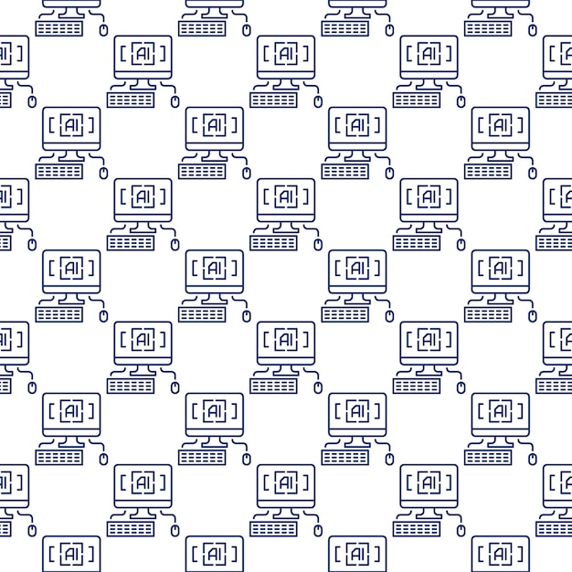 Artificial Intelligence Personal Computer with keyboard and mouse vector seamless pattern
