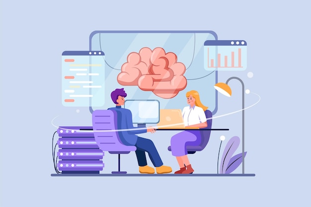 Artificial Intelligence Programming Group of people sitting at computers and programming giant brain