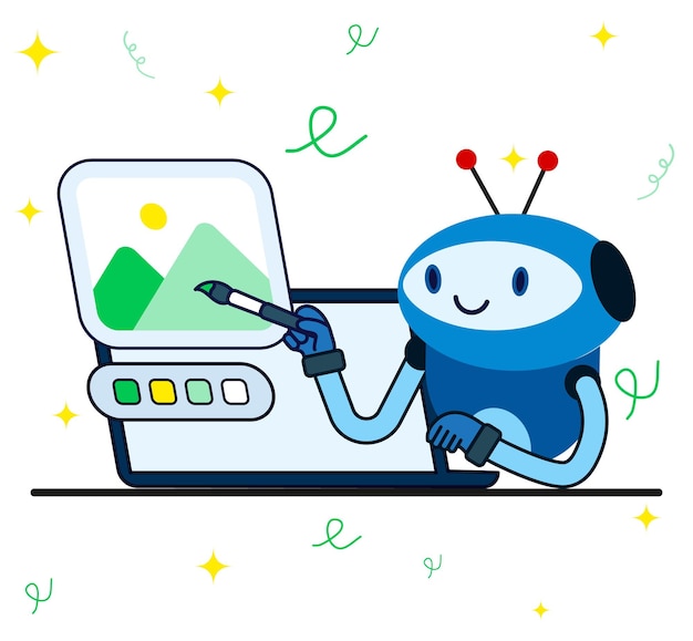artificial intelligence robot painting illustration on his laptop robot holding brush creating art