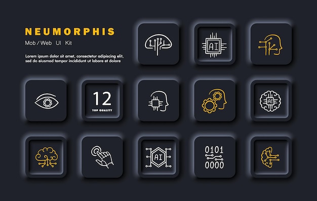 Artificial intelligence set icon Neurons implants AI human implantable brain computer interfaces code communication Modernization of human body Neomorphism style Vector line icon