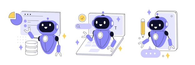 Artificial intelligence technology in business set AI robot assistant analyzing data business tasks seo Automation tools concept Vector illustration