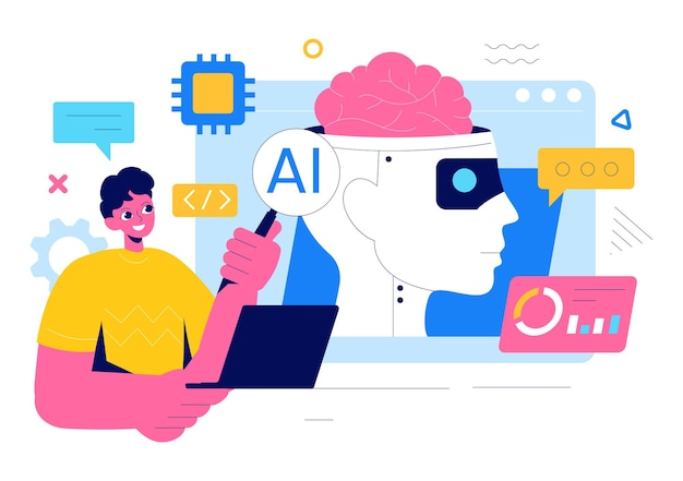 Artificial Intelligence Vector Illustration featuring a Digital Brain Technology and Engineering with a Programmer Analyzing Data or Scientific