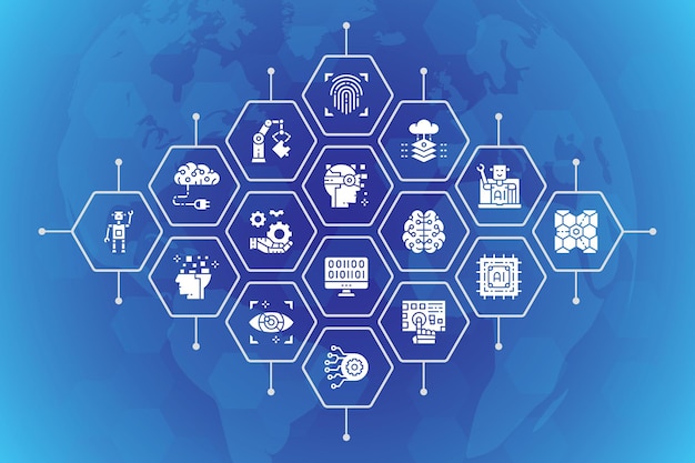 Artificial Intelligence vector illustration Robotics Chatbot Database Big Data line icons