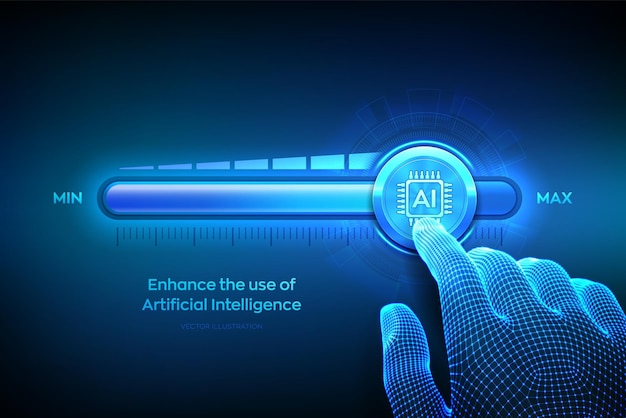Artificial intelligence Wireframe hand is pulling up to the maximum position progress bar with the AI icon Increase the use of artificial intelligence and automation technology Vector illustration