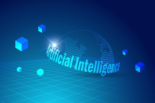 Artificial Intelligence with block chain on world map in cyber space background AI smart technology generate creative solution and smart communicate to people 3D vector
