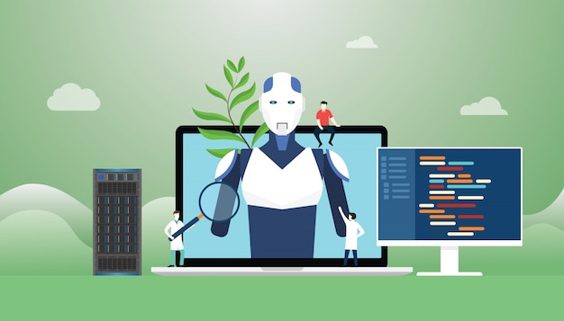 Artificial intelligence with robot and technology development construction with programming language with modern flat style.