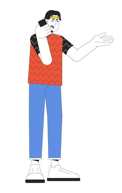 Asian man arguing on smartphone line cartoon flat illustration