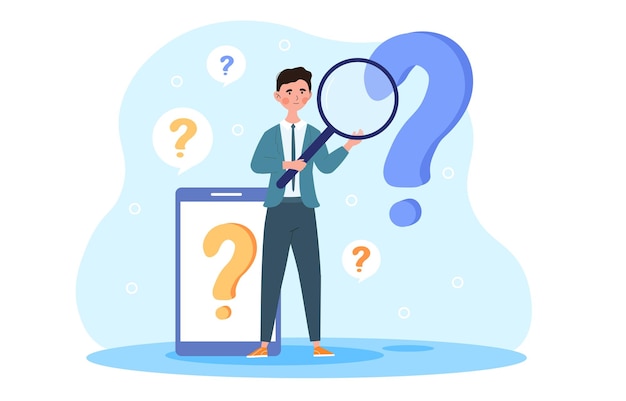 Ask a question concept a man with a large magnifying glass in his hands is trying to find answers to