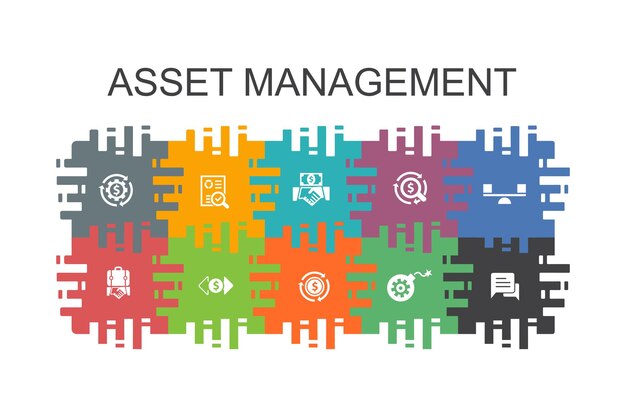 Asset management cartoon template with flat elements. Contains such icons as audit, investment, business, stability