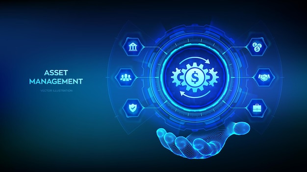 Asset management icon in wireframe hand Business investment banking payment technology concept on virutal screen Vector illustration