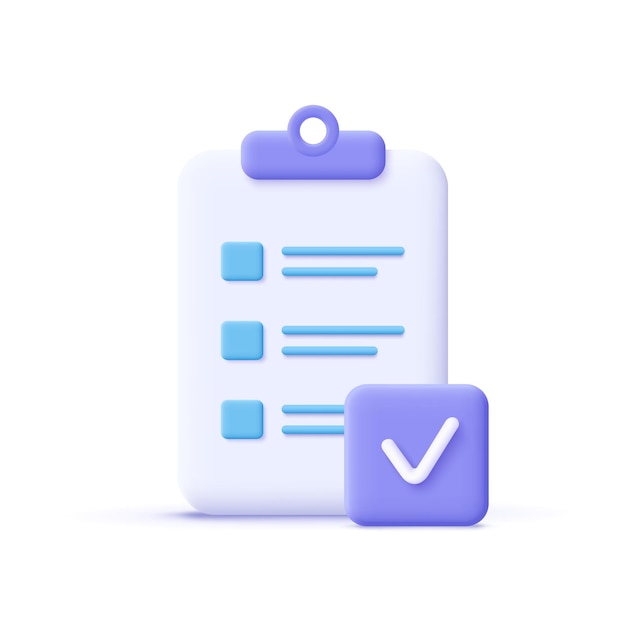 Assignment done icon. Clipboard, checklist symbol. 3d vector illustration.
