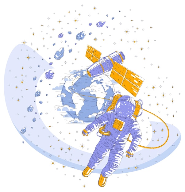 Astronaut flying in open space connected to space station and earth planet in background, spaceman in spacesuit floating in weightlessness and iss spacecraft, asteroids and stars. Vector isolated.