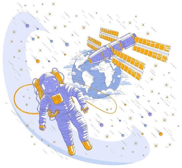Astronaut flying in open space connected to space station and earth planet in background, spaceman in spacesuit floating in weightlessness and iss spacecraft, stars and other elements. Vector isolated