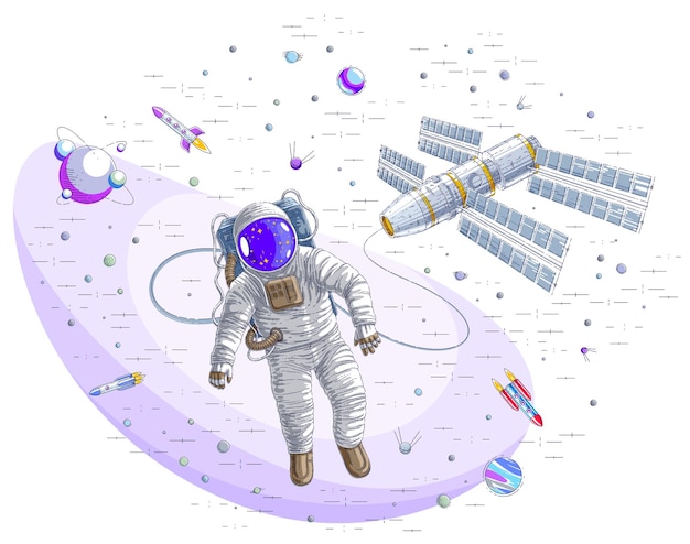 Astronaut went out into open space connected to space station, spaceman floating in weightlessness and iss spacecraft surrounded by rockets, stars and other elements. Vector illustration isolated.