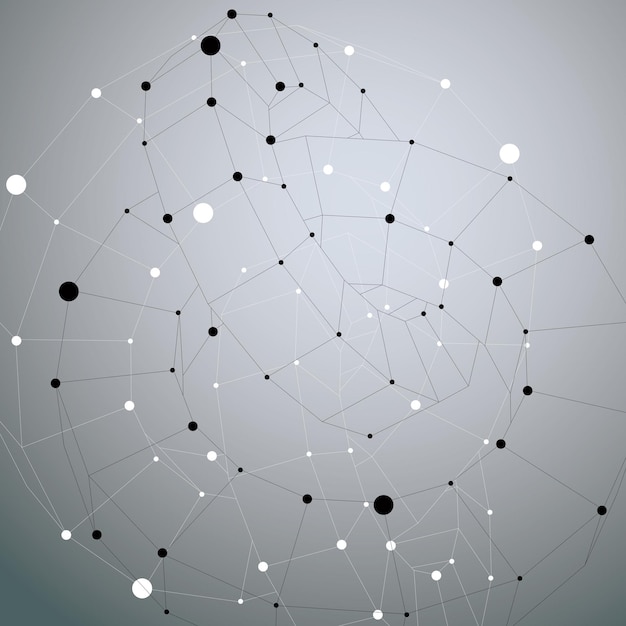 Asymmetric 3D abstract object with connected lines and dots, geometric form with lattice structure.