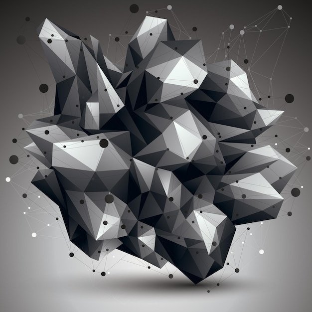 Asymmetric 3D abstract object with connected lines and dots, geometric form with lattice structure.