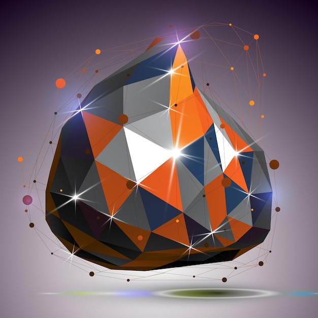 asymmetric 3d technology glossy shape with connected lines and dots. lattice bright engineering element, best for use in web design. dimensional mesh object.