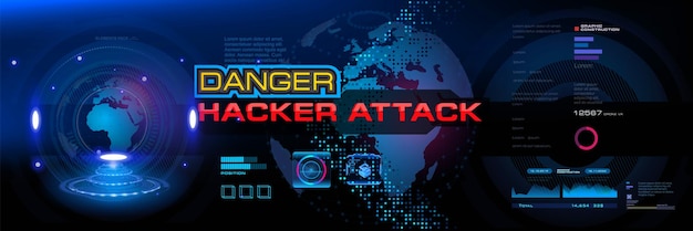 Attention Attack Danger for your computer Futuristic cyber banner with dangerous signal and warning about your computer being hacked Unauthorized hacking your data through global Internet network