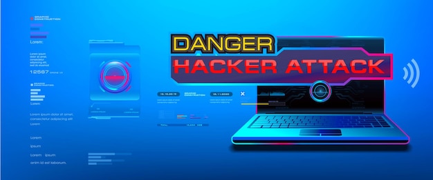 Attention Attack Danger for your computer Laptop with hacking danger screen Track down hacker attack on your computer Protecting personal data computer from the threat of hacking