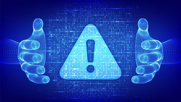 Attention symbol made with binary code in hands Danger Sign Virus Alert binary code background
