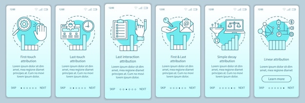 Attribution modeling types turquoise onboarding mobile app page screen vector template. Diagrams, charts walkthrough website steps with linear illustrations. UX, UI, GUI smartphone interface concept