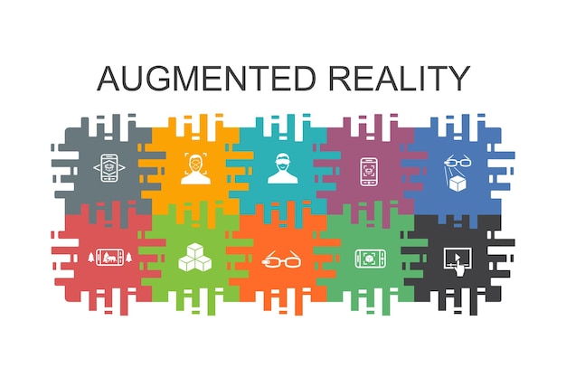 Augmented reality cartoon template with flat elements. Contains such icons as Facial Recognition, AR app, AR game, Virtual Reality