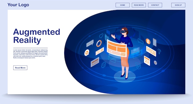 Augmented reality webpage template with isometric illustration