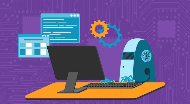 Automated work of software business project development robot using keyboard at table