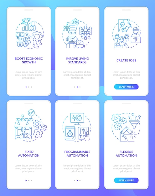 Automation systems blue gradient onboarding mobile app screen set Walkthrough 3 steps graphic instructions pages with linear concepts UI UX GUI template Myriad ProBold Regular fonts used