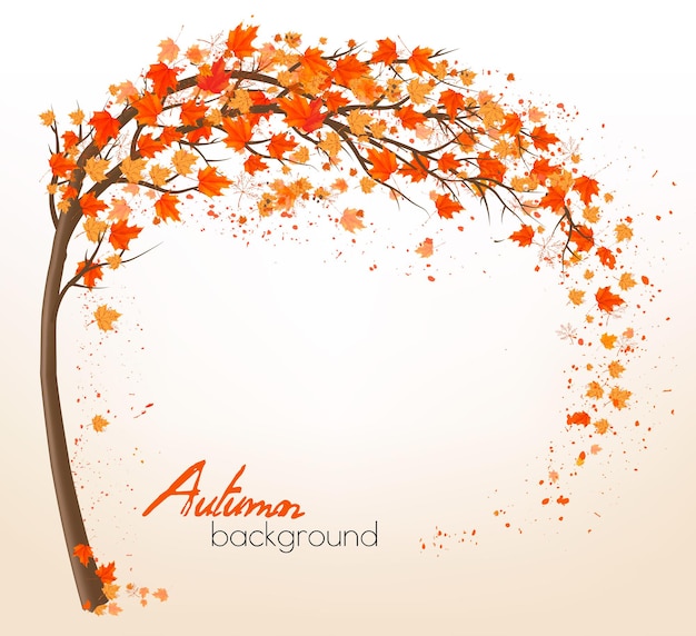 Autumn background with a tree and a colorful leaves. Vector.