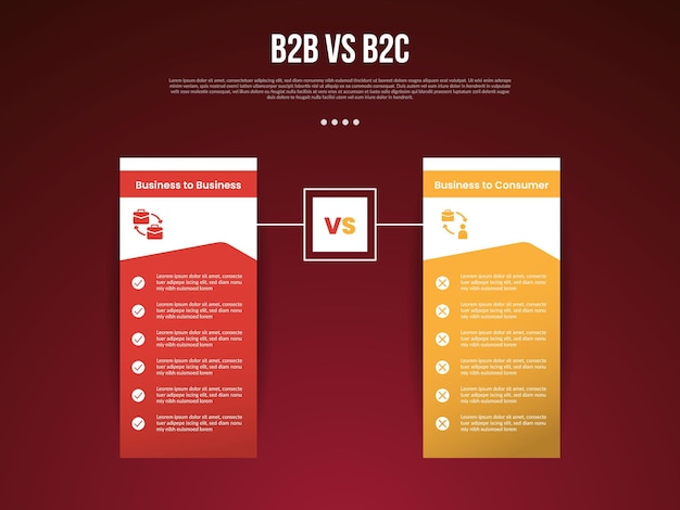 B2B vs B2C business infographic for comparison data or versus with boxed square table with outline box versus with modern dark gradient style background for slide presentation