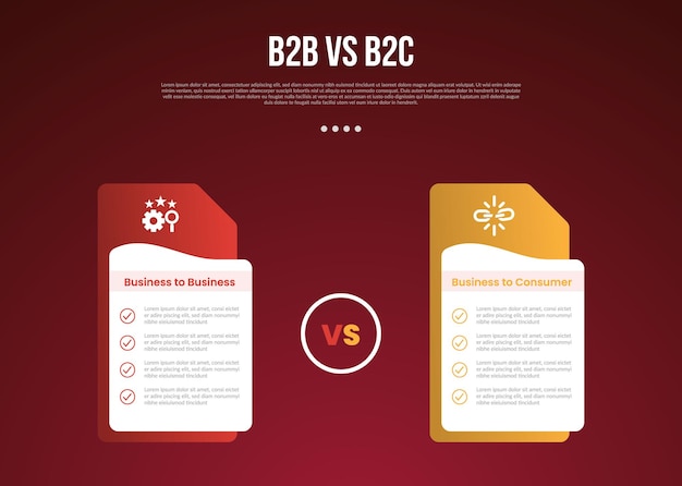 B2B vs B2C business infographic for comparison data or versus with creative table box with folder style stack with modern dark gradient style background for slide presentation