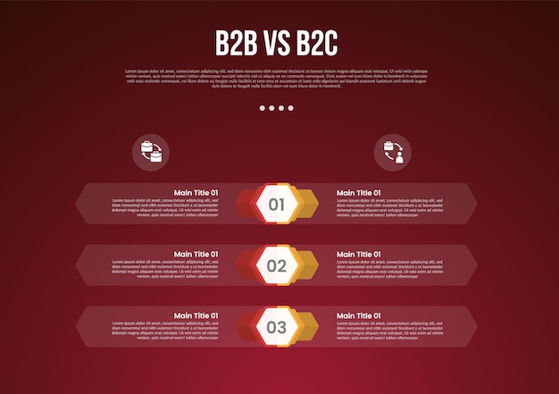 B2B vs B2C business infographic for comparison data or versus with hexagon shape and transparent container as background with modern dark gradient style background for slide presentation