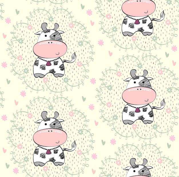 Babies hand draw seamless pattern with cows