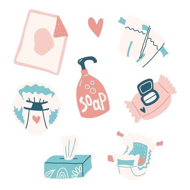 baby diapers changing items vector hand dawn elements