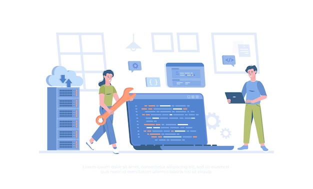 Back end development coding and programming Software engineering process Cartoon modern flat vecto