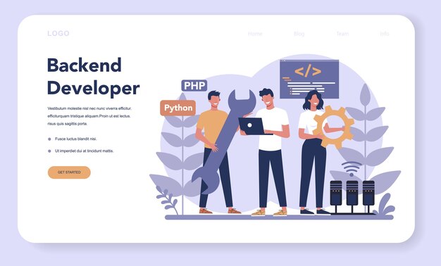 Back end development web banner or landing page . Software development process. Website interface design improvement. Programming and coding. IT profession.