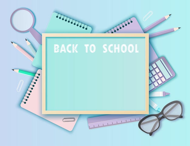 Back to school paper art background with glasses pencil blackboard and other school supplies