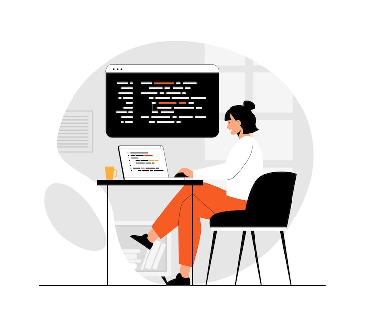 Vector backend development coding and software programming woman working with code at laptop engineering