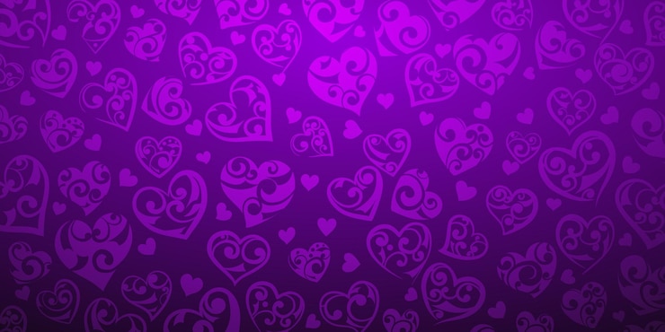 Vector background of big and small hearts with ornament of curls, in purple colors