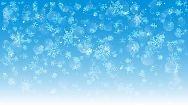 Background of falling white snowflakes on light blue background