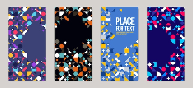 Backgrounds and cover templates vector set, abstract geometric designs, bright color compositions with copy spaces for text, complex modern art layout.