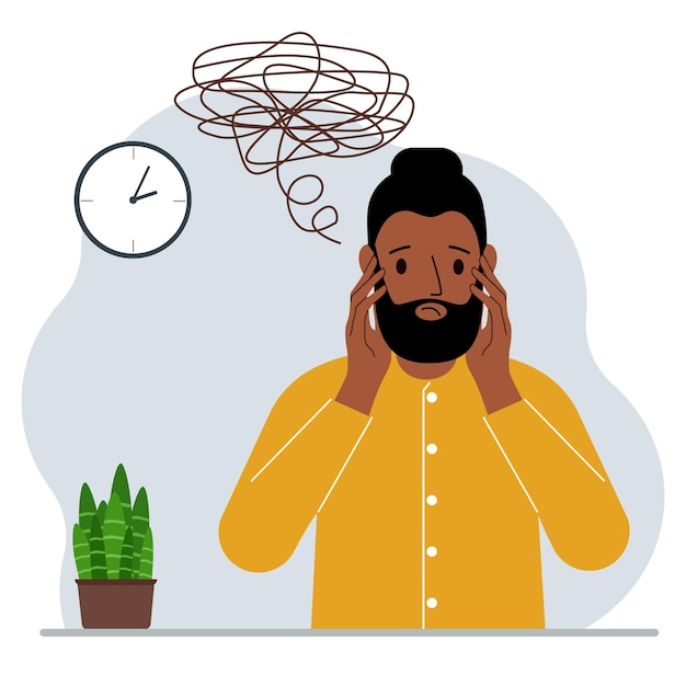 bad thoughts concept a man feels depressed with thoughts after negative events unhappy suffering sadness depression vector flat illustration