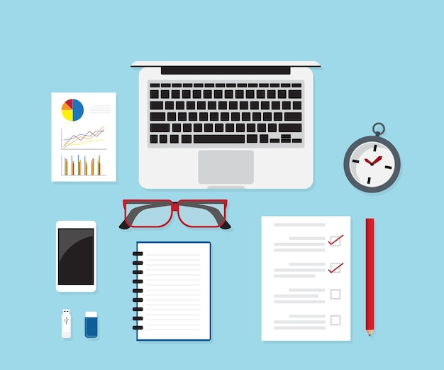 Bàn làm việc với hình minh họa vector văn phòng phẩm