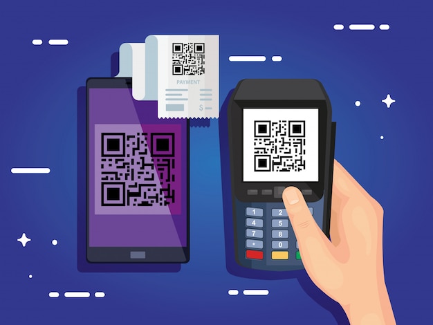 Bàn tay sử dụng điện thoại dataphone với mã quét qr và điện thoại thông minh
