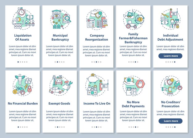 Bankruptcy onboarding mobile app page screen with concepts