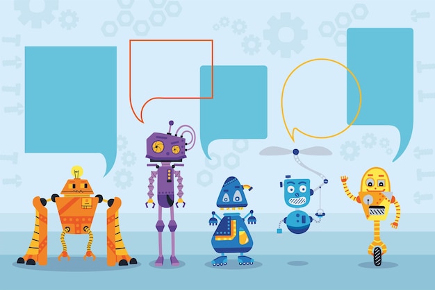 Banner with robots and bubbles speech for your text in a flat style. Banner with robot toys collection. Vector illustration